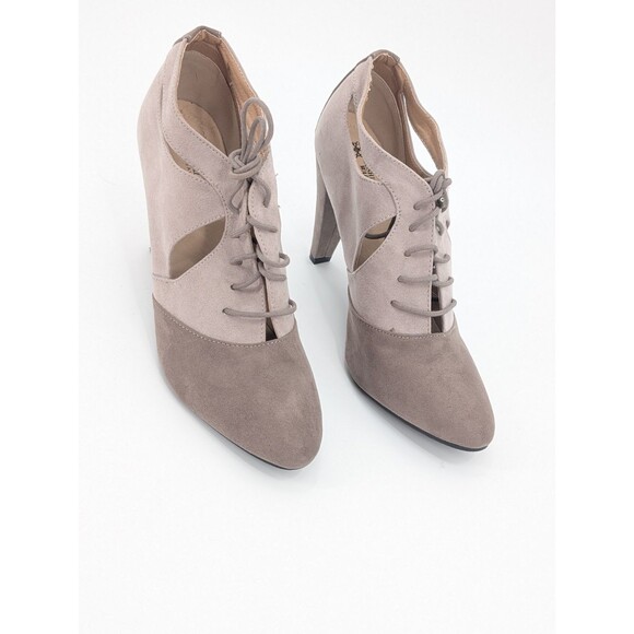 Avon Cushion Walk Vtg Taupe Tan Lace Up High Heels Almond Toe Shoes Size 9 - Picture 2 of 10